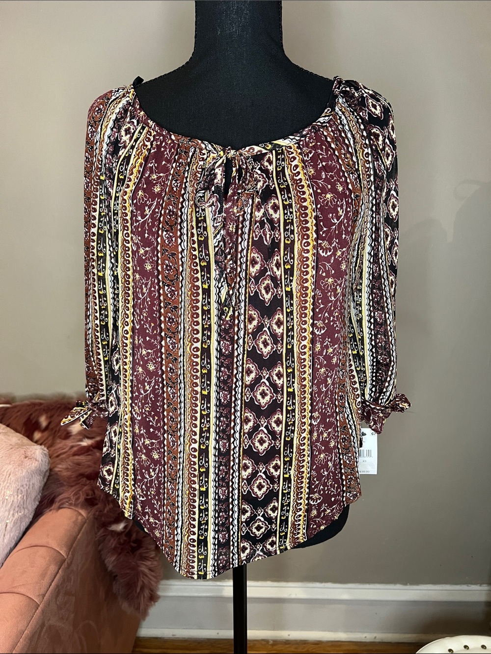 BCX Burgundy Multi-Print Tie-Neck Peasant Blouse